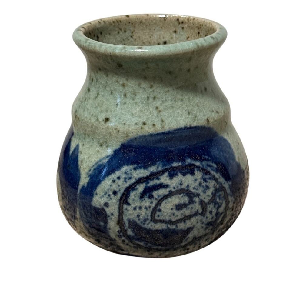 Signed Studio Pottery Bud Vase Blue Swirl Speckled Gloss Glaze Small